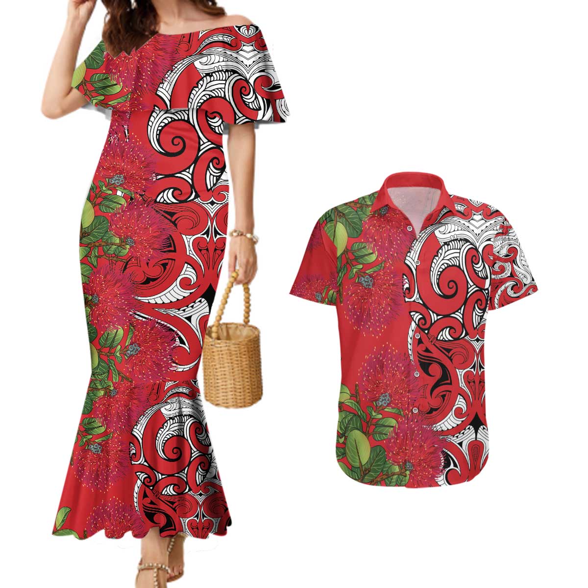 Personalised New Zealand Koru Pohutukawa Couples Matching Mermaid Dress and Hawaiian Shirt Meri Kirihimete Aroha for Christmas - Aussie Hoodie