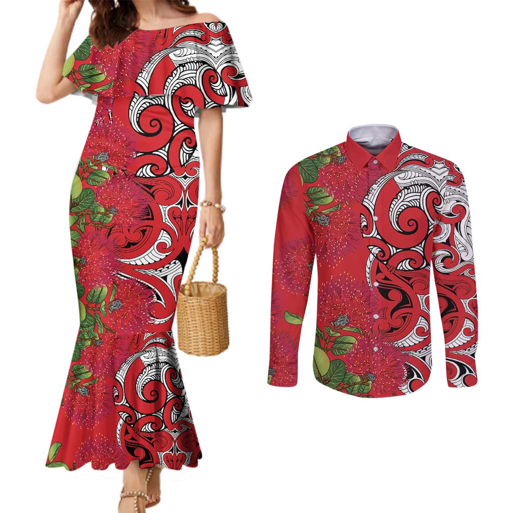 Personalised New Zealand Koru Pohutukawa Couples Matching Mermaid Dress and Long Sleeve Button Shirt Meri Kirihimete Aroha for Christmas - Aussie Hoodie