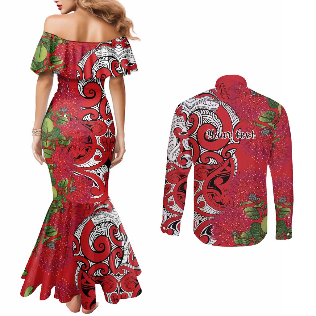 Personalised New Zealand Koru Pohutukawa Couples Matching Mermaid Dress and Long Sleeve Button Shirt Meri Kirihimete Aroha for Christmas - Aussie Hoodie