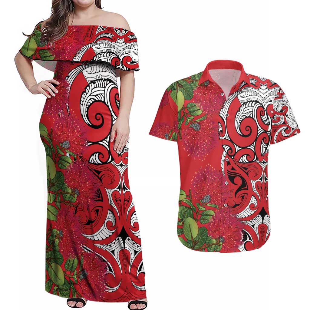 Personalised New Zealand Koru Pohutukawa Couples Matching Off Shoulder Maxi Dress and Hawaiian Shirt Meri Kirihimete Aroha for Christmas - Aussie Hoodie