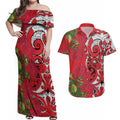 Personalised New Zealand Koru Pohutukawa Couples Matching Off Shoulder Maxi Dress and Hawaiian Shirt Meri Kirihimete Aroha for Christmas - Aussie Hoodie