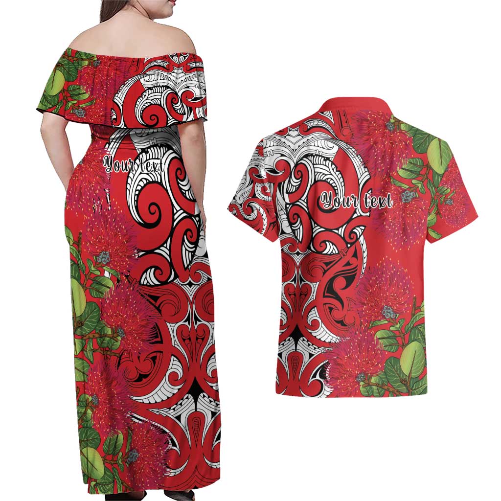 Personalised New Zealand Koru Pohutukawa Couples Matching Off Shoulder Maxi Dress and Hawaiian Shirt Meri Kirihimete Aroha for Christmas - Aussie Hoodie