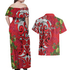 Personalised New Zealand Koru Pohutukawa Couples Matching Off Shoulder Maxi Dress and Hawaiian Shirt Meri Kirihimete Aroha for Christmas - Aussie Hoodie