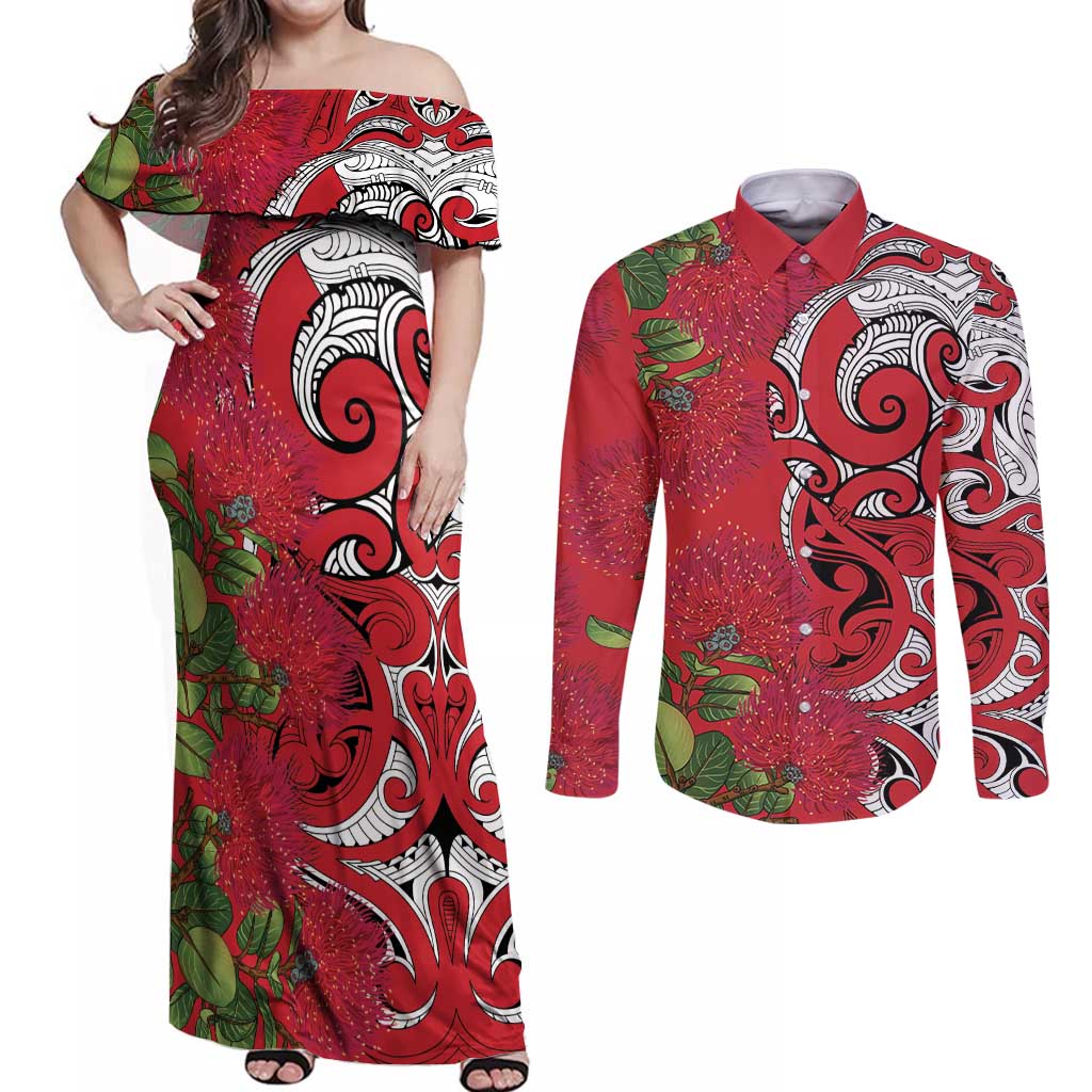 Personalised New Zealand Koru Pohutukawa Couples Matching Off Shoulder Maxi Dress and Long Sleeve Button Shirt Meri Kirihimete Aroha for Christmas - Aussie Hoodie