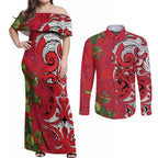 Personalised New Zealand Koru Pohutukawa Couples Matching Off Shoulder Maxi Dress and Long Sleeve Button Shirt Meri Kirihimete Aroha for Christmas - Aussie Hoodie