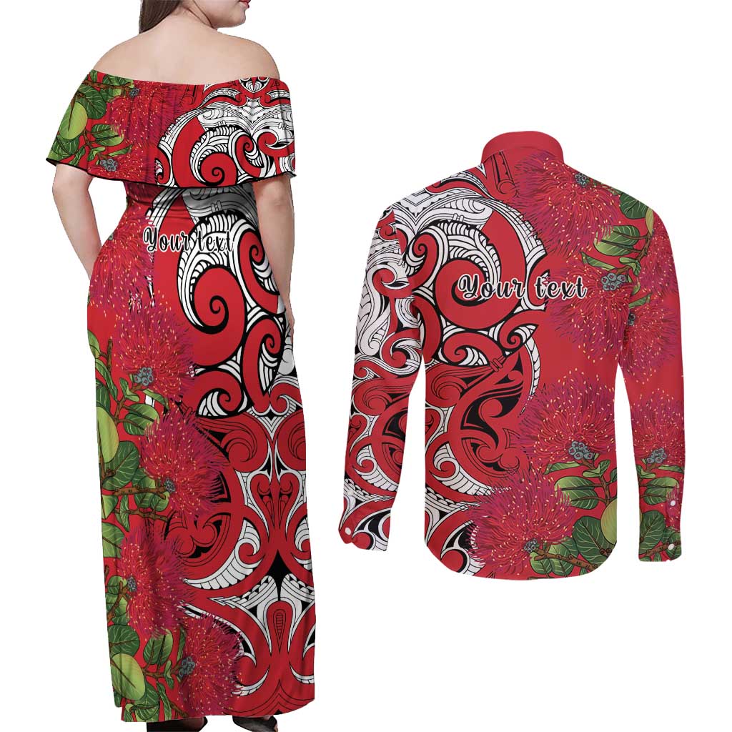 Personalised New Zealand Koru Pohutukawa Couples Matching Off Shoulder Maxi Dress and Long Sleeve Button Shirt Meri Kirihimete Aroha for Christmas - Aussie Hoodie