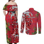 Personalised New Zealand Koru Pohutukawa Couples Matching Off Shoulder Maxi Dress and Long Sleeve Button Shirt Meri Kirihimete Aroha for Christmas - Aussie Hoodie