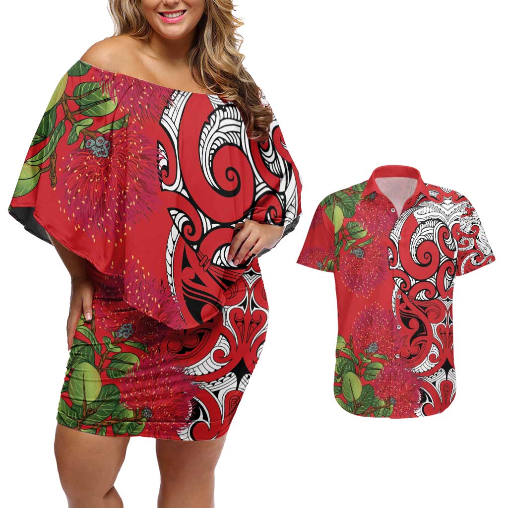 Personalised New Zealand Koru Pohutukawa Couples Matching Off Shoulder Short Dress and Hawaiian Shirt Meri Kirihimete Aroha for Christmas - Aussie Hoodie