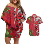 Personalised New Zealand Koru Pohutukawa Couples Matching Off Shoulder Short Dress and Hawaiian Shirt Meri Kirihimete Aroha for Christmas - Aussie Hoodie