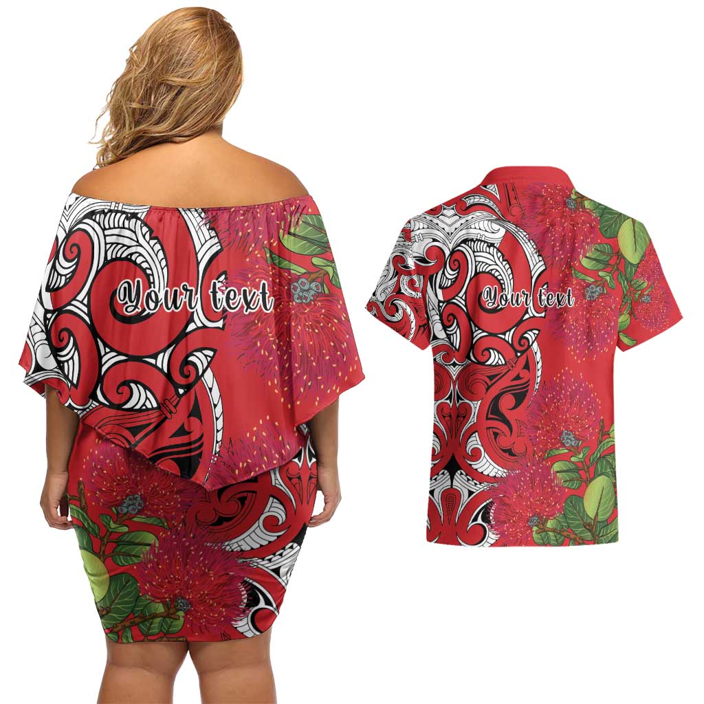 Personalised New Zealand Koru Pohutukawa Couples Matching Off Shoulder Short Dress and Hawaiian Shirt Meri Kirihimete Aroha for Christmas - Aussie Hoodie