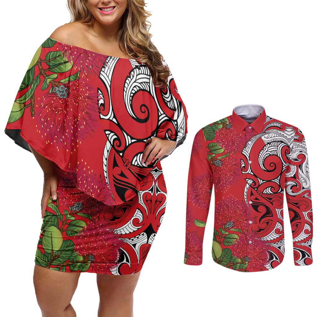 Personalised New Zealand Koru Pohutukawa Couples Matching Off Shoulder Short Dress and Long Sleeve Button Shirt Meri Kirihimete Aroha for Christmas - Aussie Hoodie