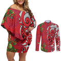Personalised New Zealand Koru Pohutukawa Couples Matching Off Shoulder Short Dress and Long Sleeve Button Shirt Meri Kirihimete Aroha for Christmas - Aussie Hoodie