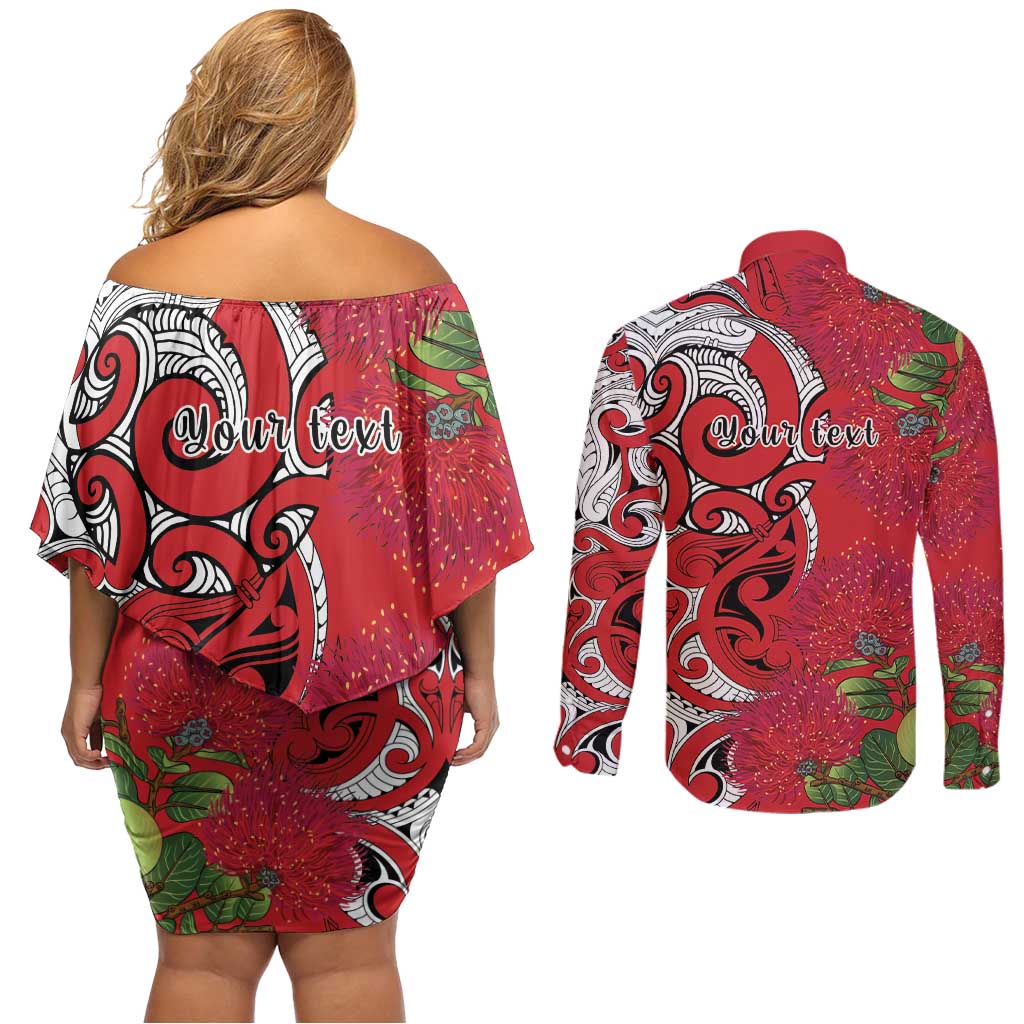 Personalised New Zealand Koru Pohutukawa Couples Matching Off Shoulder Short Dress and Long Sleeve Button Shirt Meri Kirihimete Aroha for Christmas - Aussie Hoodie