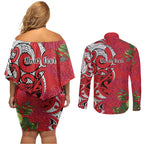 Personalised New Zealand Koru Pohutukawa Couples Matching Off Shoulder Short Dress and Long Sleeve Button Shirt Meri Kirihimete Aroha for Christmas - Aussie Hoodie