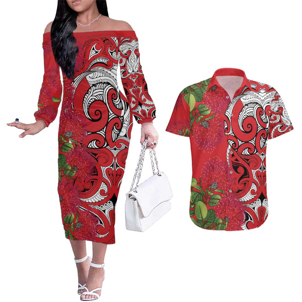 Personalised New Zealand Koru Pohutukawa Couples Matching Off The Shoulder Long Sleeve Dress and Hawaiian Shirt Meri Kirihimete Aroha for Christmas - Aussie Hoodie