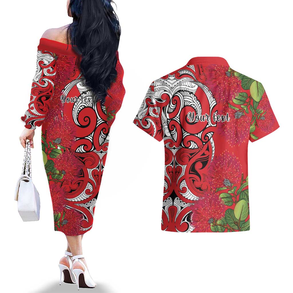 Personalised New Zealand Koru Pohutukawa Couples Matching Off The Shoulder Long Sleeve Dress and Hawaiian Shirt Meri Kirihimete Aroha for Christmas - Aussie Hoodie