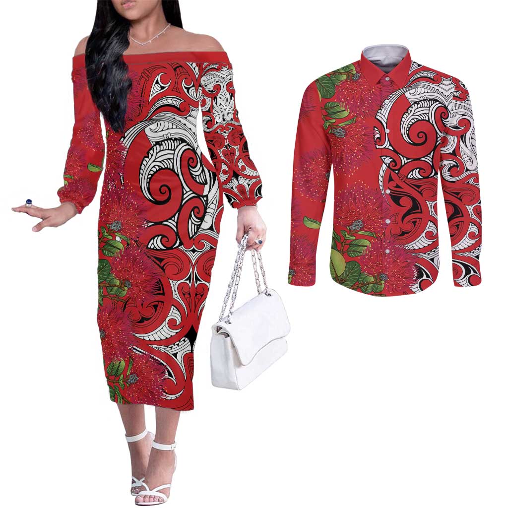 Personalised New Zealand Koru Pohutukawa Couples Matching Off The Shoulder Long Sleeve Dress and Long Sleeve Button Shirt Meri Kirihimete Aroha for Christmas - Aussie Hoodie