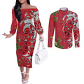Personalised New Zealand Koru Pohutukawa Couples Matching Off The Shoulder Long Sleeve Dress and Long Sleeve Button Shirt Meri Kirihimete Aroha for Christmas - Aussie Hoodie
