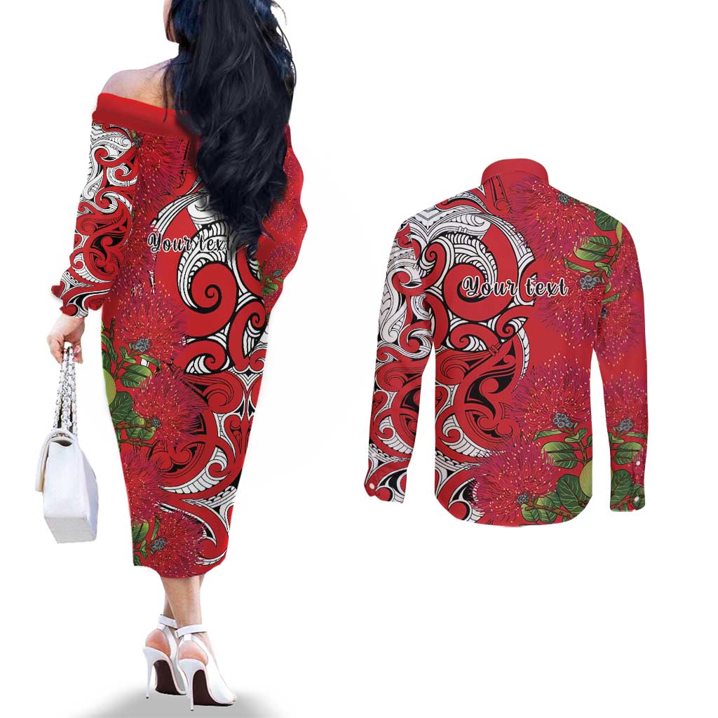 Personalised New Zealand Koru Pohutukawa Couples Matching Off The Shoulder Long Sleeve Dress and Long Sleeve Button Shirt Meri Kirihimete Aroha for Christmas - Aussie Hoodie