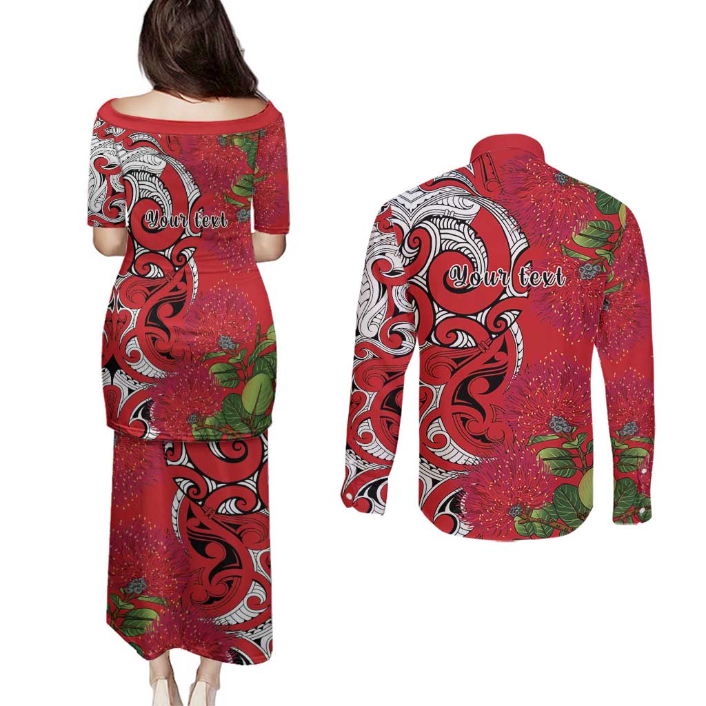 Personalised New Zealand Koru Pohutukawa Couples Matching Puletasi and Long Sleeve Button Shirt Meri Kirihimete Aroha for Christmas - Aussie Hoodie