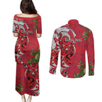 Personalised New Zealand Koru Pohutukawa Couples Matching Puletasi and Long Sleeve Button Shirt Meri Kirihimete Aroha for Christmas - Aussie Hoodie