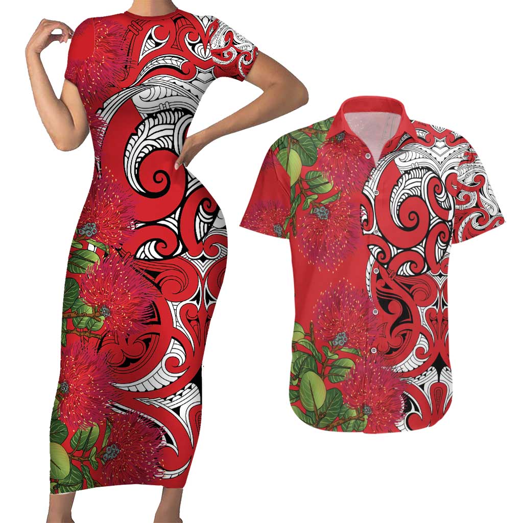 Personalised New Zealand Koru Pohutukawa Couples Matching Short Sleeve Bodycon Dress and Hawaiian Shirt Meri Kirihimete Aroha for Christmas - Aussie Hoodie