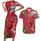 Personalised New Zealand Koru Pohutukawa Couples Matching Short Sleeve Bodycon Dress and Hawaiian Shirt Meri Kirihimete Aroha for Christmas - Aussie Hoodie