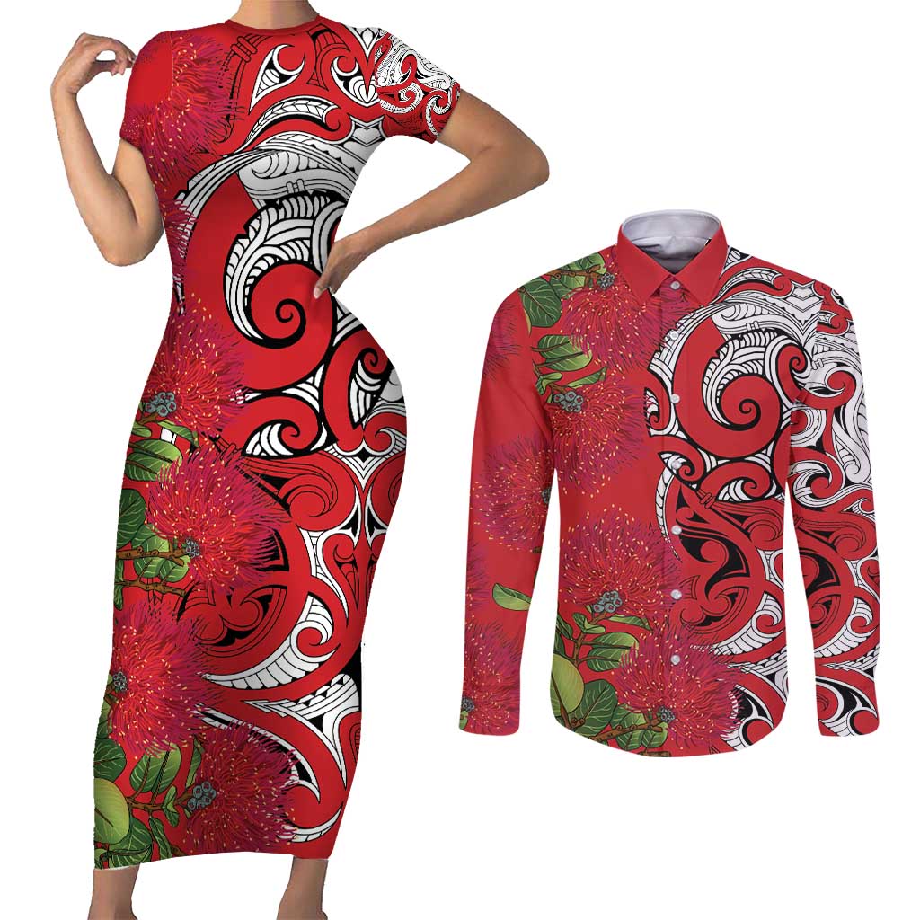 Personalised New Zealand Koru Pohutukawa Couples Matching Short Sleeve Bodycon Dress and Long Sleeve Button Shirt Meri Kirihimete Aroha for Christmas - Aussie Hoodie