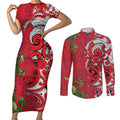 Personalised New Zealand Koru Pohutukawa Couples Matching Short Sleeve Bodycon Dress and Long Sleeve Button Shirt Meri Kirihimete Aroha for Christmas - Aussie Hoodie
