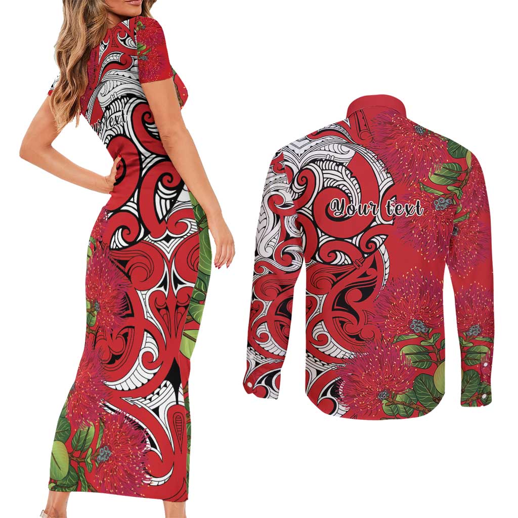 Personalised New Zealand Koru Pohutukawa Couples Matching Short Sleeve Bodycon Dress and Long Sleeve Button Shirt Meri Kirihimete Aroha for Christmas - Aussie Hoodie