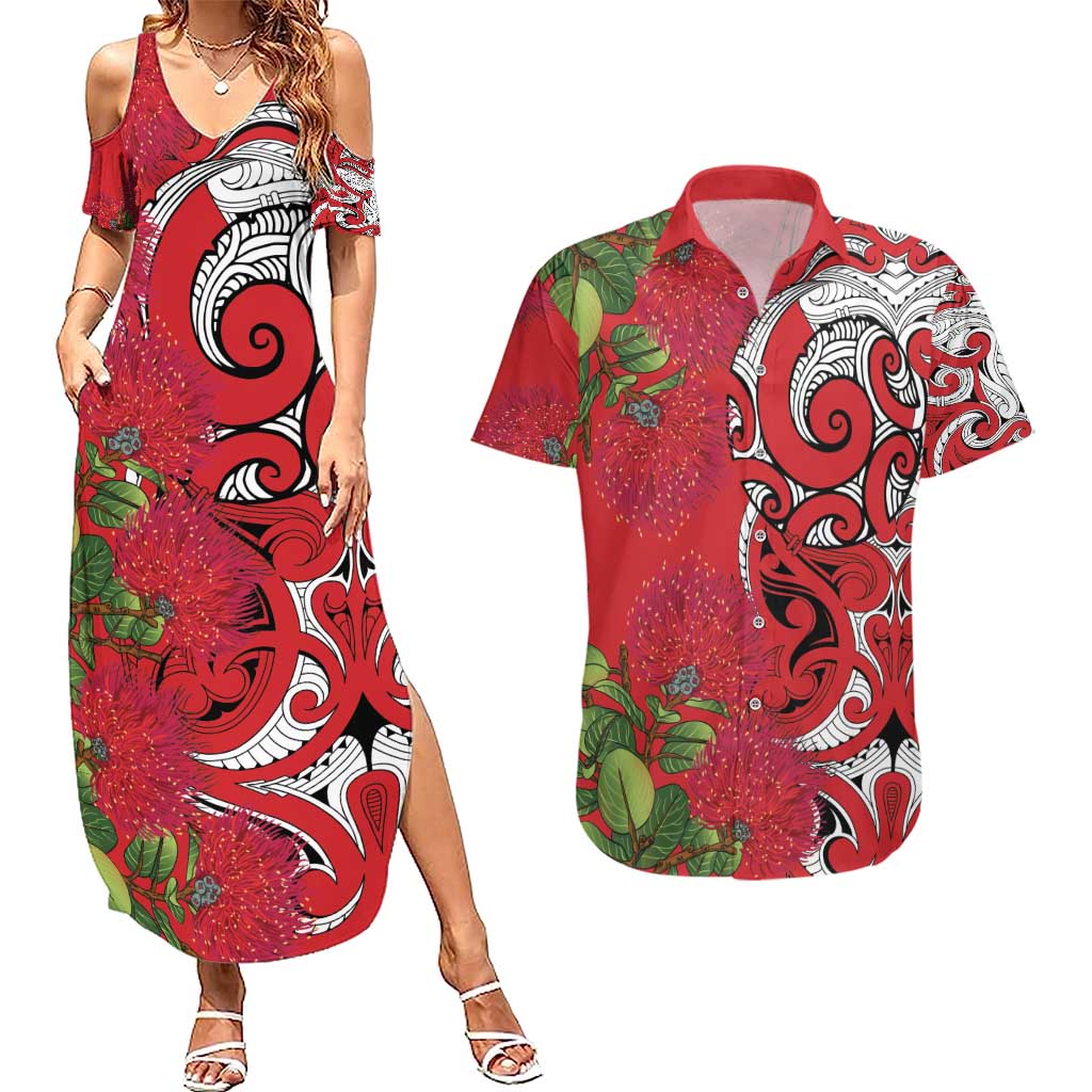 Personalised New Zealand Koru Pohutukawa Couples Matching Summer Maxi Dress and Hawaiian Shirt Meri Kirihimete Aroha for Christmas - Aussie Hoodie