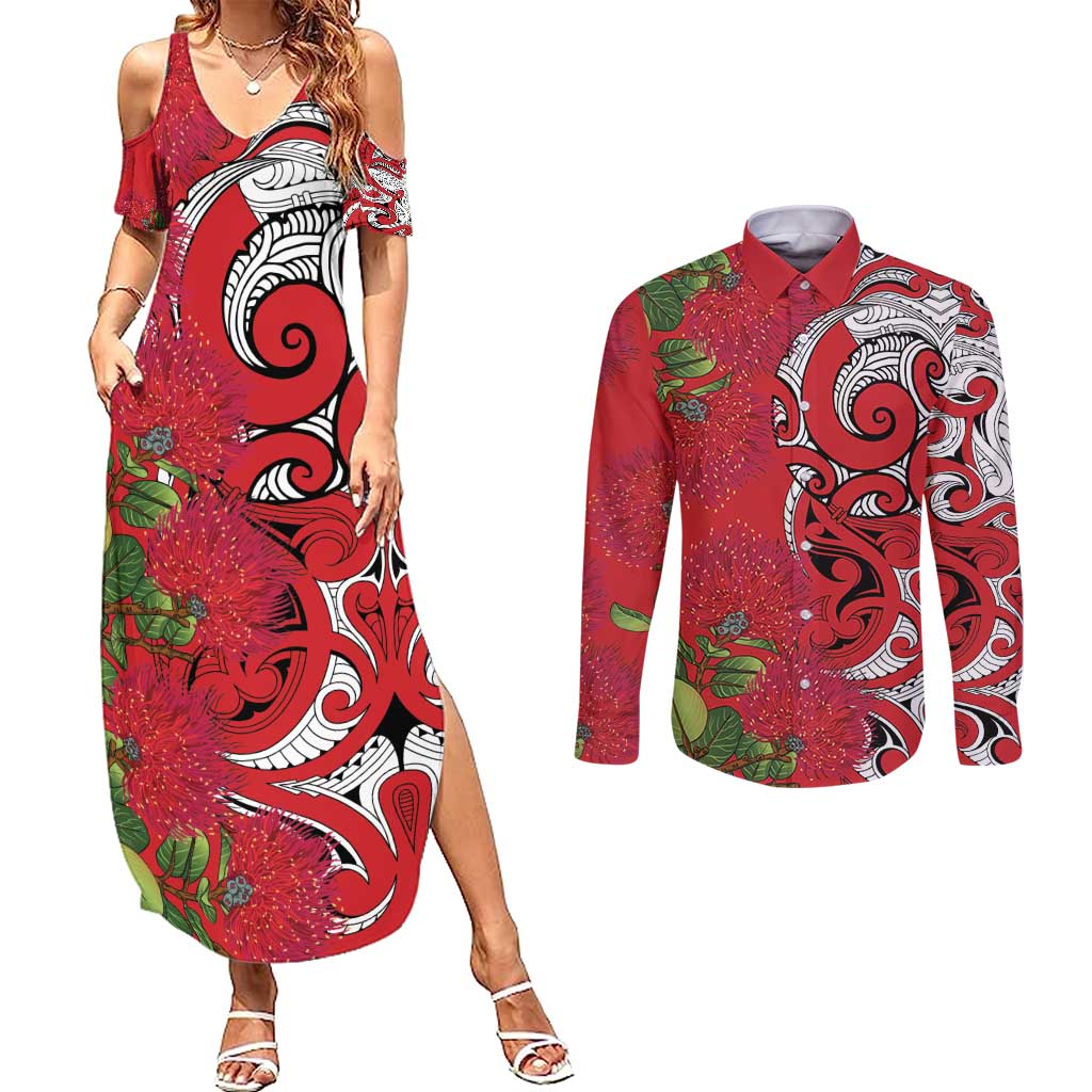Personalised New Zealand Koru Pohutukawa Couples Matching Summer Maxi Dress and Long Sleeve Button Shirt Meri Kirihimete Aroha for Christmas - Aussie Hoodie