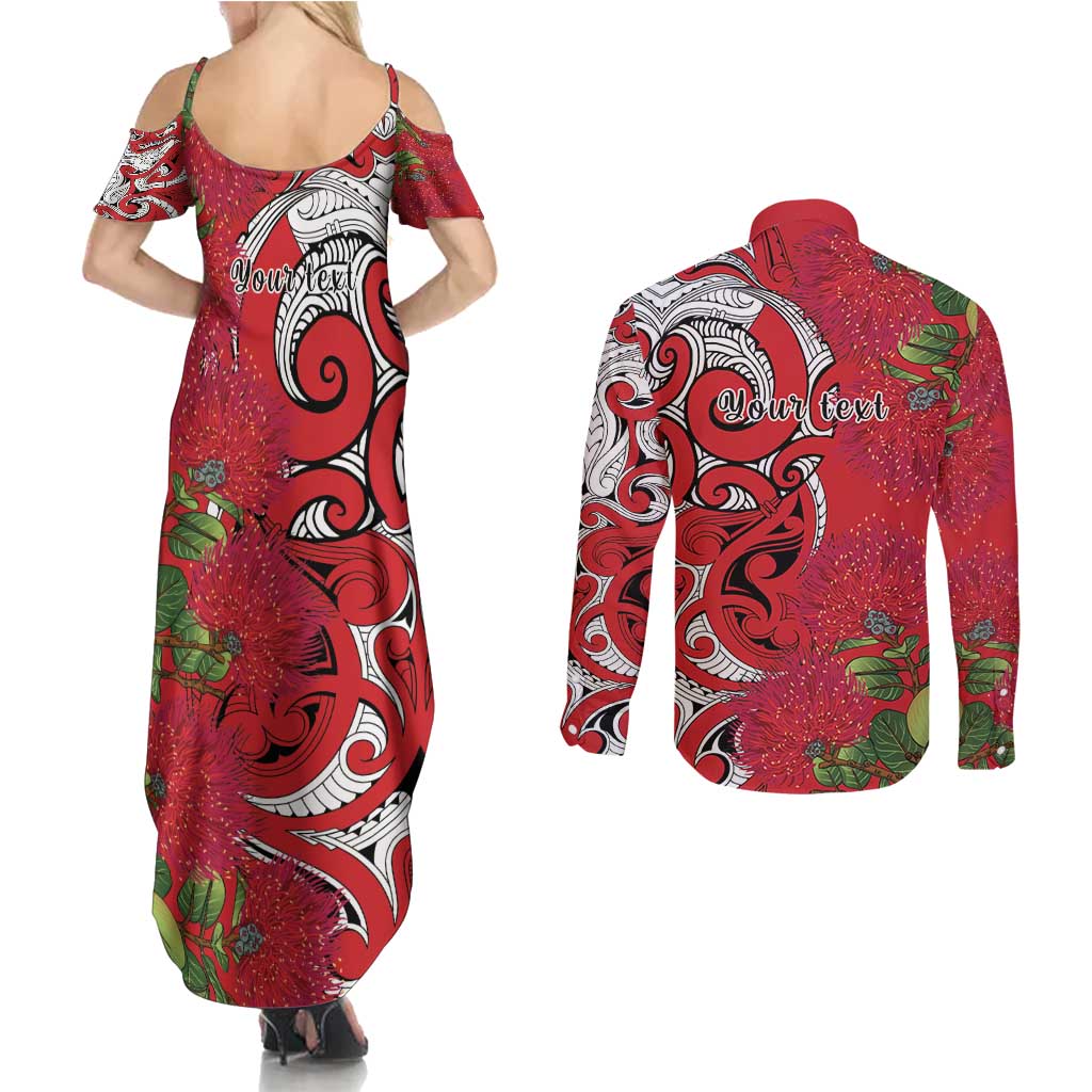 Personalised New Zealand Koru Pohutukawa Couples Matching Summer Maxi Dress and Long Sleeve Button Shirt Meri Kirihimete Aroha for Christmas - Aussie Hoodie