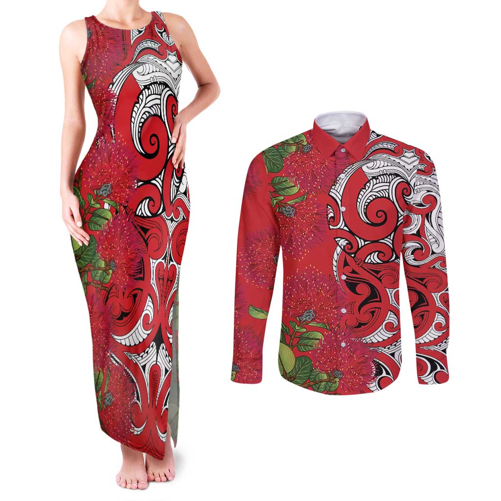 Personalised New Zealand Koru Pohutukawa Couples Matching Tank Maxi Dress and Long Sleeve Button Shirt Meri Kirihimete Aroha for Christmas - Aussie Hoodie