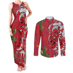 Personalised New Zealand Koru Pohutukawa Couples Matching Tank Maxi Dress and Long Sleeve Button Shirt Meri Kirihimete Aroha for Christmas - Aussie Hoodie