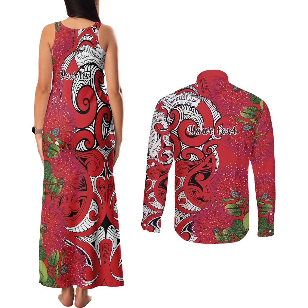 Personalised New Zealand Koru Pohutukawa Couples Matching Tank Maxi Dress and Long Sleeve Button Shirt Meri Kirihimete Aroha for Christmas - Aussie Hoodie
