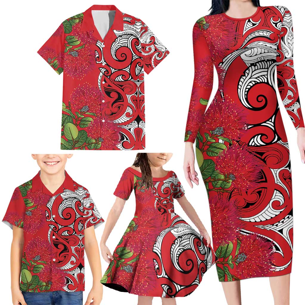 Personalised New Zealand Koru Pohutukawa Family Matching Long Sleeve Bodycon Dress and Hawaiian Shirt Meri Kirihimete Aroha for Christmas - Aussie Hoodie