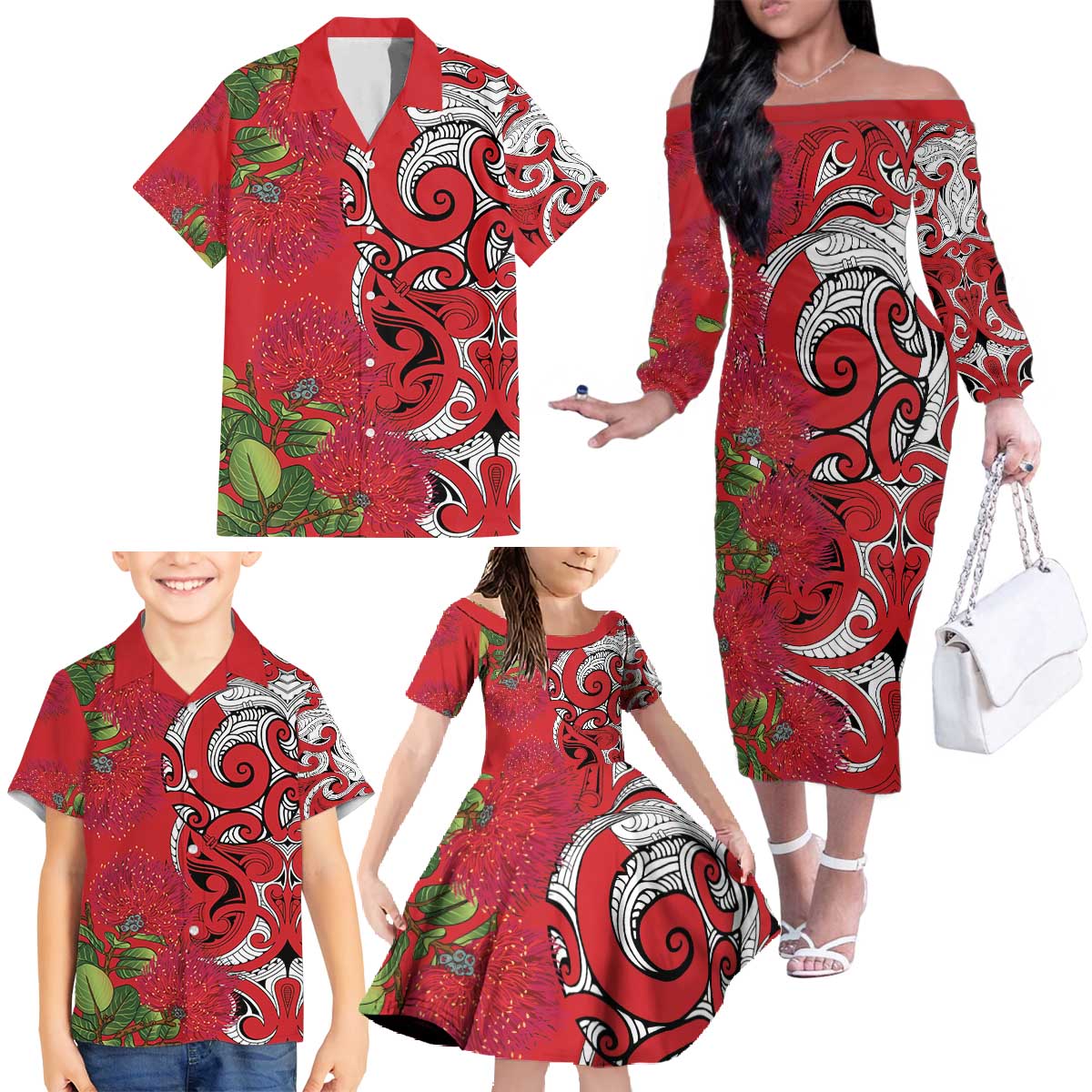 Personalised New Zealand Koru Pohutukawa Family Matching Off The Shoulder Long Sleeve Dress and Hawaiian Shirt Meri Kirihimete Aroha for Christmas - Aussie Hoodie