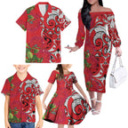 Personalised New Zealand Koru Pohutukawa Family Matching Off The Shoulder Long Sleeve Dress and Hawaiian Shirt Meri Kirihimete Aroha for Christmas - Aussie Hoodie