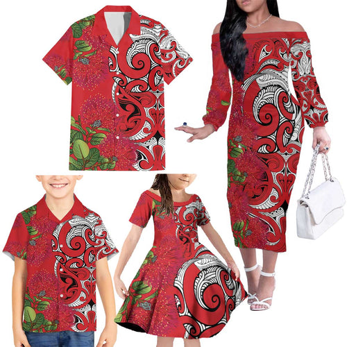 Personalised New Zealand Koru Pohutukawa Family Matching Off The Shoulder Long Sleeve Dress and Hawaiian Shirt Meri Kirihimete Aroha for Christmas - Aussie Hoodie