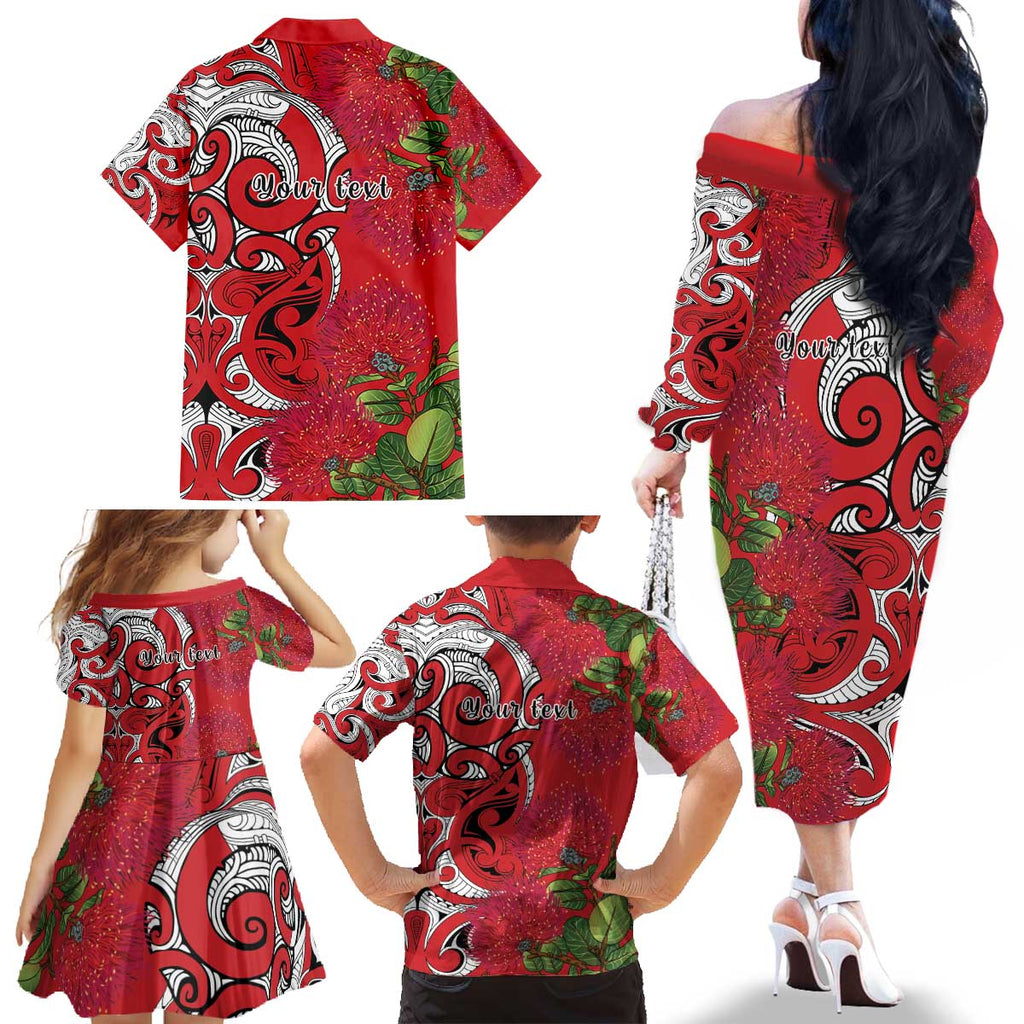 Personalised New Zealand Koru Pohutukawa Family Matching Off The Shoulder Long Sleeve Dress and Hawaiian Shirt Meri Kirihimete Aroha for Christmas - Aussie Hoodie
