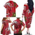 Personalised New Zealand Koru Pohutukawa Family Matching Off The Shoulder Long Sleeve Dress and Hawaiian Shirt Meri Kirihimete Aroha for Christmas - Aussie Hoodie
