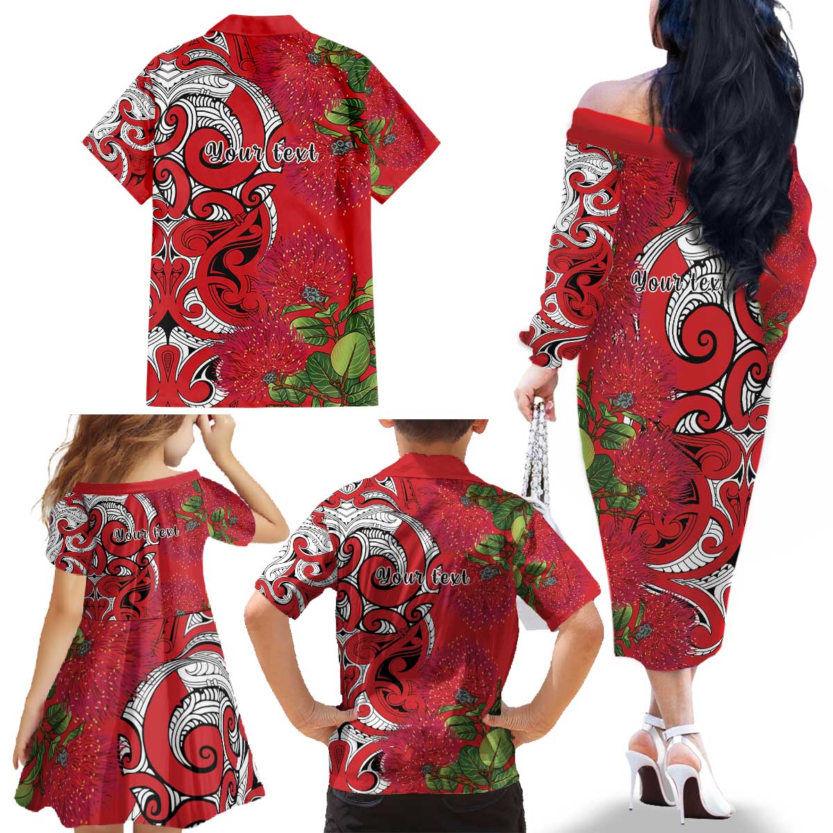 Personalised New Zealand Koru Pohutukawa Family Matching Off The Shoulder Long Sleeve Dress and Hawaiian Shirt Meri Kirihimete Aroha for Christmas - Aussie Hoodie