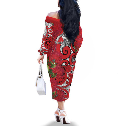 Personalised New Zealand Koru Pohutukawa Family Matching Off The Shoulder Long Sleeve Dress and Hawaiian Shirt Meri Kirihimete Aroha for Christmas - Aussie Hoodie