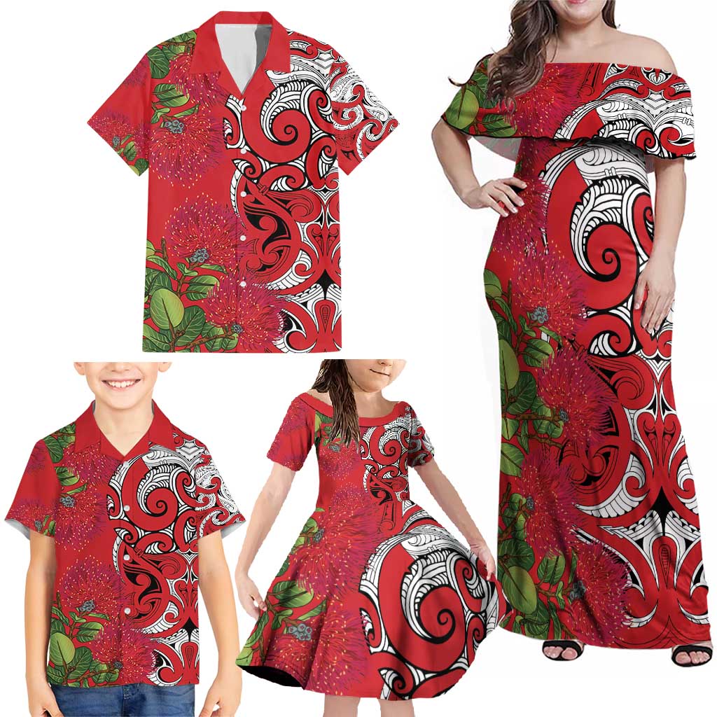 Personalised New Zealand Koru Pohutukawa Family Matching Off Shoulder Maxi Dress and Hawaiian Shirt Meri Kirihimete Aroha for Christmas - Aussie Hoodie