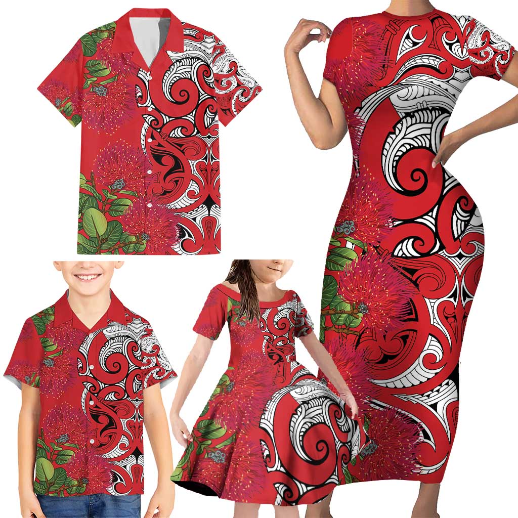 Personalised New Zealand Koru Pohutukawa Family Matching Short Sleeve Bodycon Dress and Hawaiian Shirt Meri Kirihimete Aroha for Christmas - Aussie Hoodie