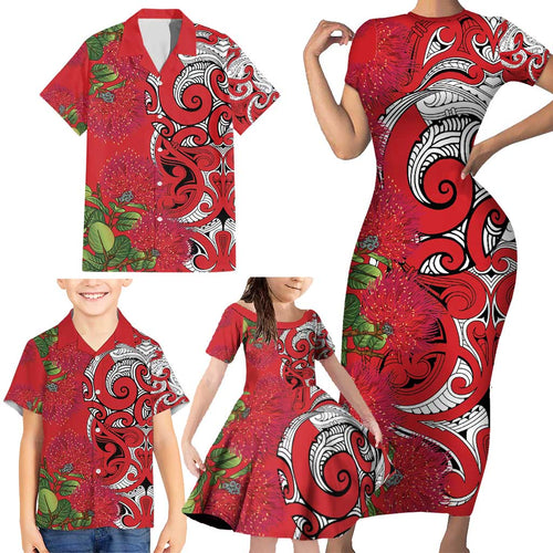 Personalised New Zealand Koru Pohutukawa Family Matching Short Sleeve Bodycon Dress and Hawaiian Shirt Meri Kirihimete Aroha for Christmas - Aussie Hoodie