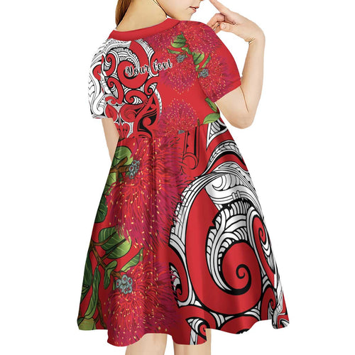 Personalised New Zealand Koru Pohutukawa Kid Short Sleeve Dress Meri Kirihimete Aroha for Christmas - Aussie Hoodie