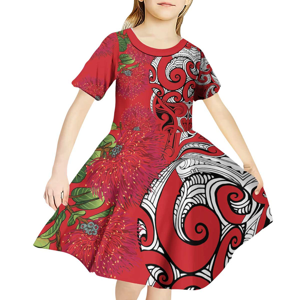 Personalised New Zealand Koru Pohutukawa Kid Short Sleeve Dress Meri Kirihimete Aroha for Christmas - Aussie Hoodie