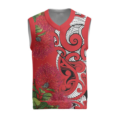 Personalised New Zealand Koru Pohutukawa Christmas Knitted V-Neck Vest Meri Kirihimete Aroha for Christmas - Aussie Hoodie